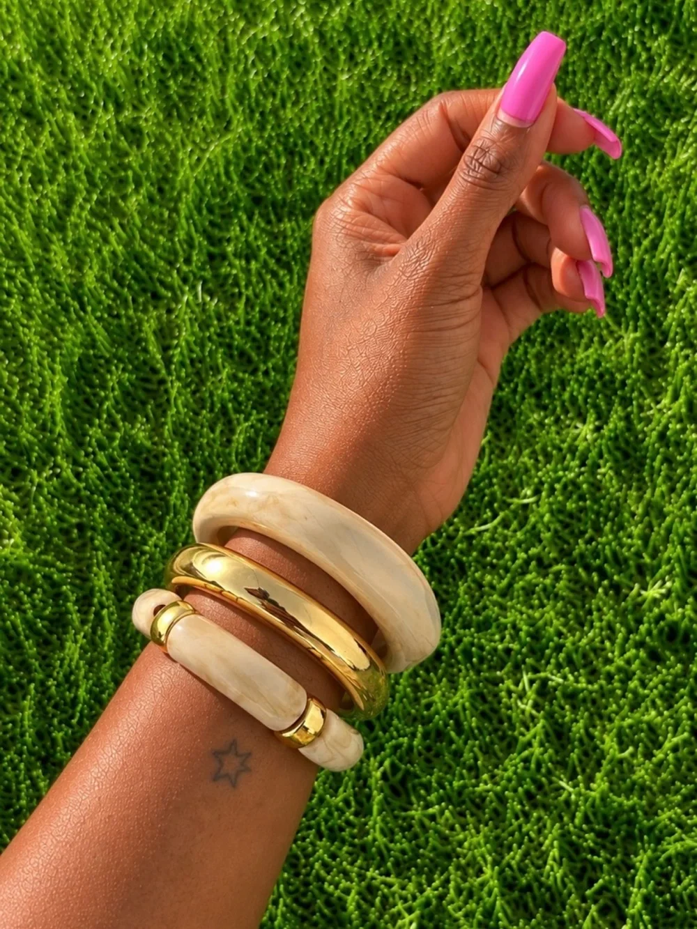 Gold and Cream Stacked Resin Bangle Set - Women Jewelry